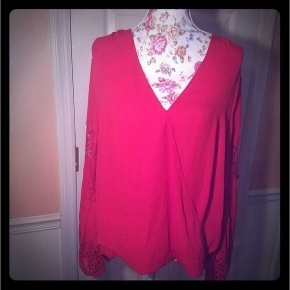 INC Red Blouse with‎ Lace Detail Bell Sleeves